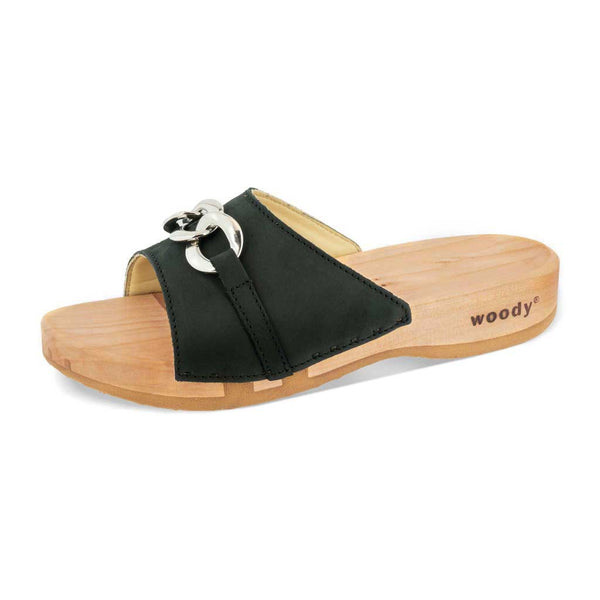 [Nero] Lina Damen Clog Pantolette, farbe: nero (schwarz), clogs pantoletten damen mit biegsamer nachhaltiger weidenholzsohle, holzclogs woody, woody schuhe, woody shoes, handgemachte holzschuhe aus österreich, kärnten, metal-accessoires-inchrome-optic. Damenclogs, Damen Clogs - Clogs Dame