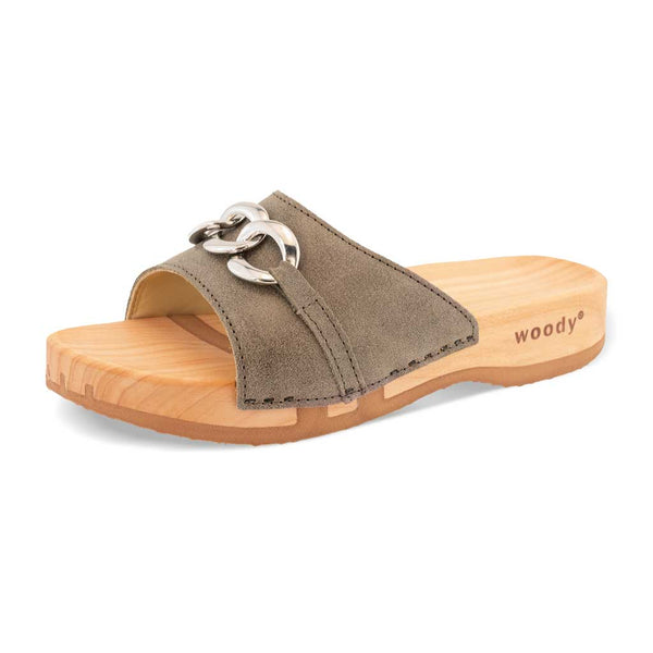 [Sand] Lina Damen Clog Pantolette, farbe: sand, clogs pantoletten damen mit biegsamer nachhaltiger weidenholzsohle, holzclogs woody, woody schuhe, woody shoes, handgemachte holzschuhe aus österreich, kärnten, metal-accessoires-inchrome-optic. Damenclogs, Damen Clogs - Clogs Dame