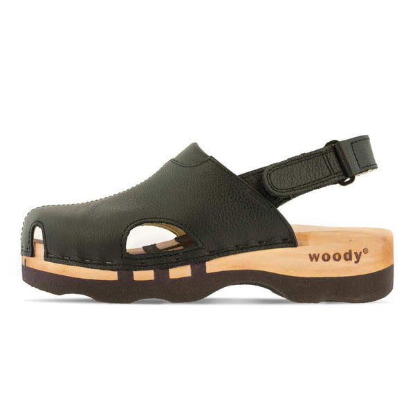 [Schwarz] London Clog, arbeits-clogs unisex mit fersenriemem und biegsamer nachhaltiger holzsohle, farbe: schwarz, holzclogs woody, woody schuhe, woody shoes, handgemachte holzschuhe aus österreich, kärnten