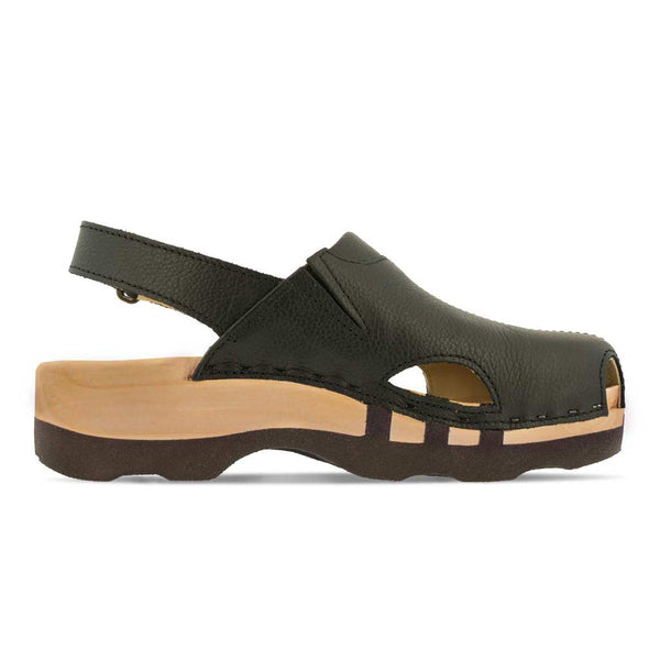 [Schwarz] London Clog, arbeits-clogs unisex mit fersenriemem und biegsamer nachhaltiger holzsohle, farbe: schwarz, holzclogs woody, woody schuhe, woody shoes, handgemachte holzschuhe aus österreich, kärnten