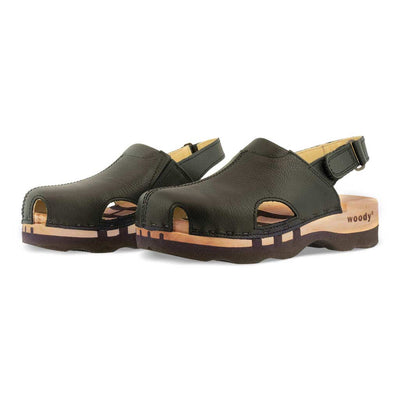 [Schwarz] London Clog, arbeits-clogs unisex mit fersenriemem und biegsamer nachhaltiger holzsohle, farbe: schwarz, holzclogs woody, woody schuhe, woody shoes, handgemachte holzschuhe aus österreich, kärnten