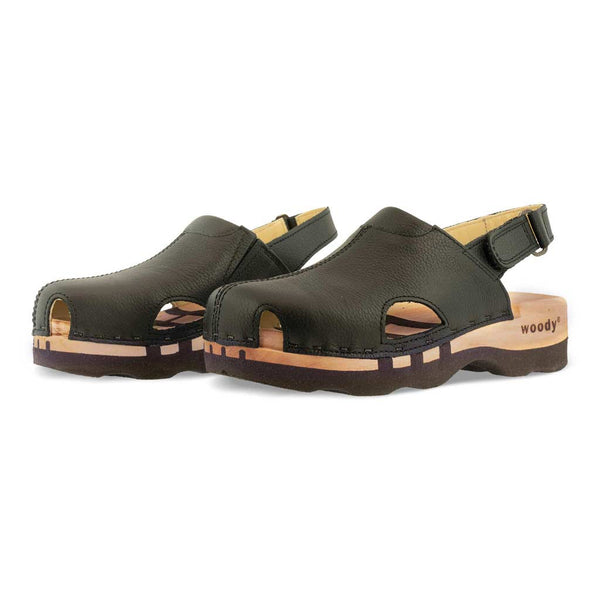 [Schwarz] London Clog, arbeits-clogs unisex mit fersenriemem und biegsamer nachhaltiger holzsohle, farbe: schwarz, holzclogs woody, woody schuhe, woody shoes, handgemachte holzschuhe aus österreich, kärnten