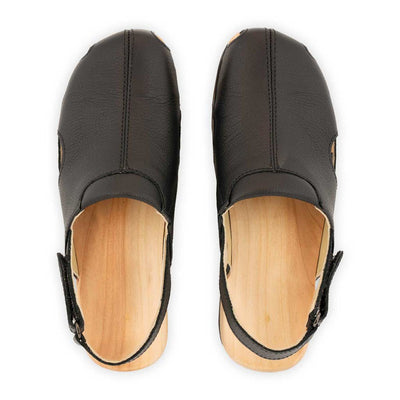 [Schwarz] London Clog, arbeits-clogs unisex mit fersenriemem und biegsamer nachhaltiger holzsohle, farbe: schwarz, holzclogs woody, woody schuhe, woody shoes, handgemachte holzschuhe aus österreich, kärnten