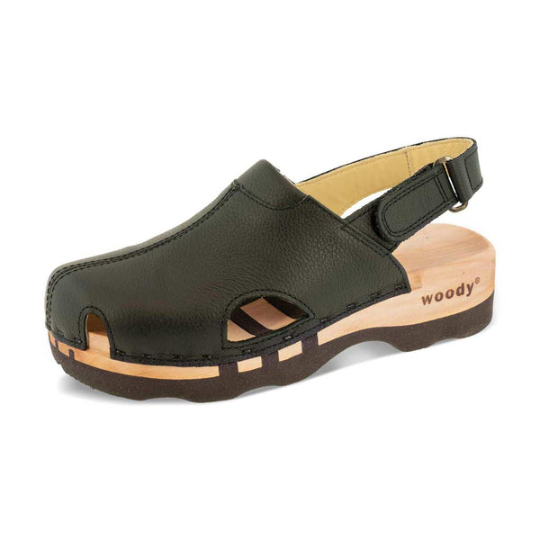 [Schwarz] London Clog, arbeits-clogs unisex mit fersenriemem und biegsamer nachhaltiger holzsohle, farbe: schwarz, holzclogs woody, woody schuhe, woody shoes, handgemachte holzschuhe aus österreich, kärnten