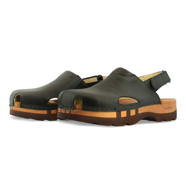 [Schwarz] London Unisex Clog, arbeits-clogs unisex mit fersenriemem und biegsamer nachhaltiger holzsohle, farbe: schwarz, holzclogs woody, woody schuhe, woody shoes, handgemachte holzschuhe aus österreich, kärnten