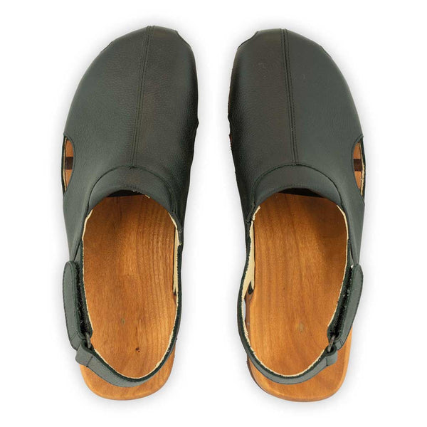 [Schwarz] London Unisex Clog, arbeits-clogs unisex mit fersenriemem und biegsamer nachhaltiger holzsohle, farbe: schwarz, holzclogs woody, woody schuhe, woody shoes, handgemachte holzschuhe aus österreich, kärnten