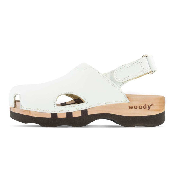 [Weiss] London Clog, arbeits-clogs unisex mit fersenriemem und biegsamer nachhaltiger holzsohle, farbe: weiss, holzclogs woody, woody schuhe, woody shoes, handgemachte holzschuhe aus österreich, kärnten