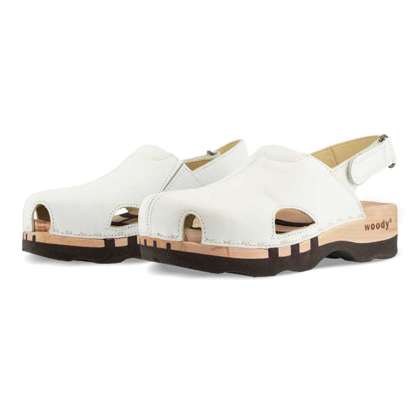 [Weiss] London Clog, arbeits-clogs unisex mit fersenriemem und biegsamer nachhaltiger holzsohle, farbe: weiss, holzclogs woody, woody schuhe, woody shoes, handgemachte holzschuhe aus österreich, kärnten