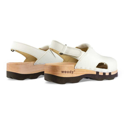 [Weiss] London Clog, arbeits-clogs unisex mit fersenriemem und biegsamer nachhaltiger holzsohle, farbe: weiss, holzclogs woody, woody schuhe, woody shoes, handgemachte holzschuhe aus österreich, kärnten