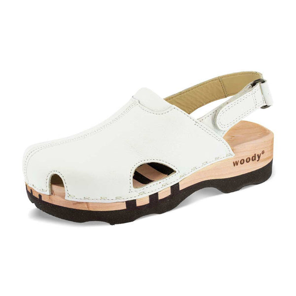 [Weiss] London Clog, arbeits-clogs unisex mit fersenriemem und biegsamer nachhaltiger holzsohle, farbe: weiss, holzclogs woody, woody schuhe, woody shoes, handgemachte holzschuhe aus österreich, kärnten
