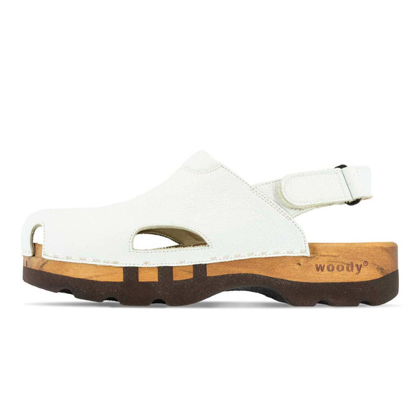 [Weiss] London Unisex Clog, arbeits-clogs unisex mit fersenriemem und biegsamer nachhaltiger holzsohle, farbe: weiss, holzclogs woody, woody schuhe, woody shoes, handgemachte holzschuhe aus österreich, kärnten