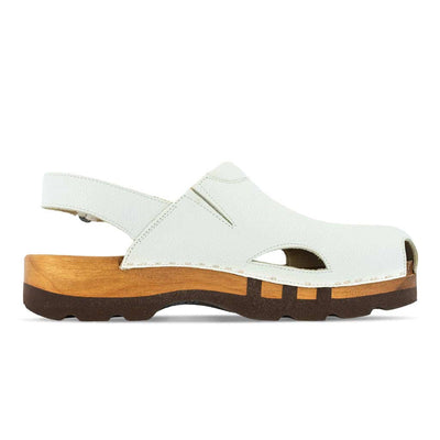 [Weiss] London Unisex Clog, arbeits-clogs unisex mit fersenriemem und biegsamer nachhaltiger holzsohle, farbe: weiss, holzclogs woody, woody schuhe, woody shoes, handgemachte holzschuhe aus österreich, kärnten