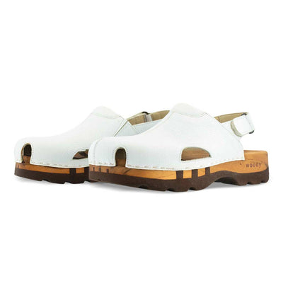 [Weiss] London Unisex Clog, arbeits-clogs unisex mit fersenriemem und biegsamer nachhaltiger holzsohle, farbe: weiss, holzclogs woody, woody schuhe, woody shoes, handgemachte holzschuhe aus österreich, kärnten
