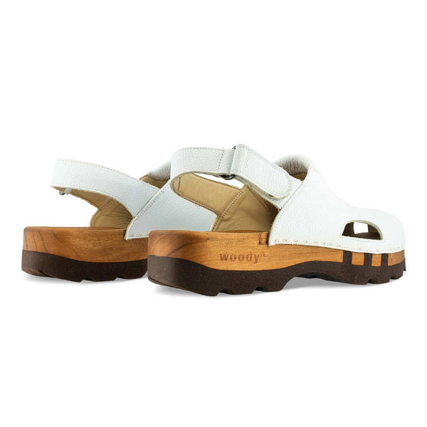 [Weiss] London Unisex Clog, arbeits-clogs unisex mit fersenriemem und biegsamer nachhaltiger holzsohle, farbe: weiss, holzclogs woody, woody schuhe, woody shoes, handgemachte holzschuhe aus österreich, kärnten