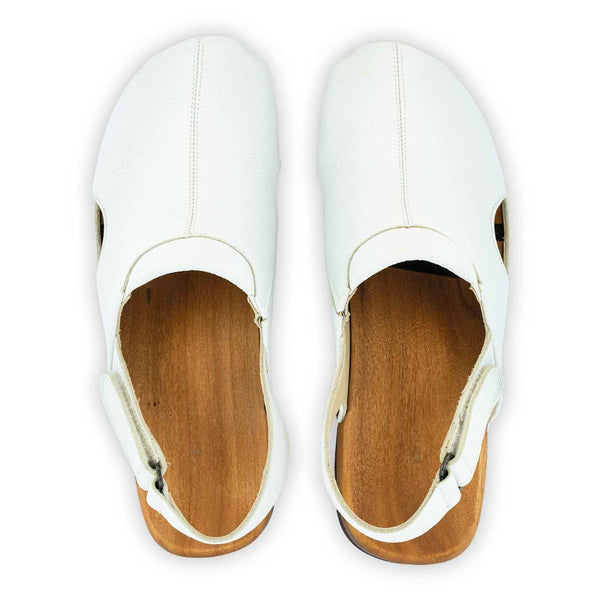 [Weiss] London Unisex Clog, arbeits-clogs unisex mit fersenriemem und biegsamer nachhaltiger holzsohle, farbe: weiss, holzclogs woody, woody schuhe, woody shoes, handgemachte holzschuhe aus österreich, kärnten