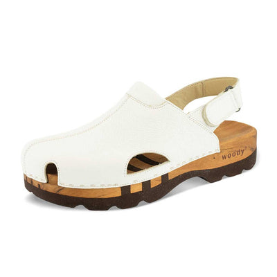 [Weiss] London Unisex Clog, arbeits-clogs unisex mit fersenriemem und biegsamer nachhaltiger holzsohle, farbe: weiss, holzclogs woody, woody schuhe, woody shoes, handgemachte holzschuhe aus österreich, kärnten