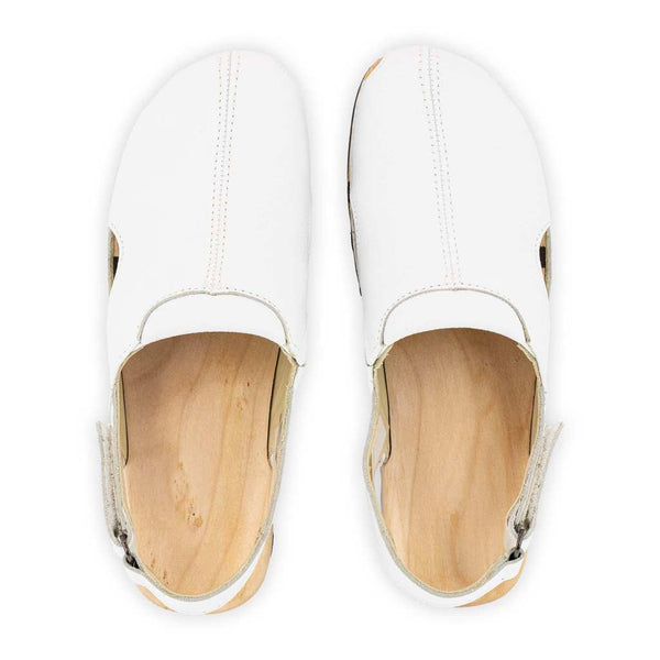 [Weiss] London Clog, arbeits-clogs unisex mit fersenriemem und biegsamer nachhaltiger holzsohle, farbe: weiss, holzclogs woody, woody schuhe, woody shoes, handgemachte holzschuhe aus österreich, kärnten