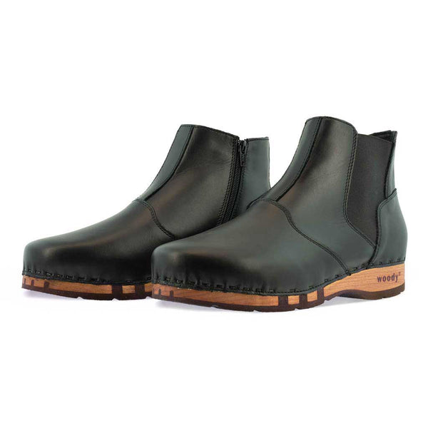 [Schwarz] Louis Herren Clog Stiefel, Herrenclog von woody Schuhe. Clogs mit biegsamer Holzsohle und Holzfußbett. Herrenclogs, Holzclogs kaufen. Clogs online bestellen, Farbe: schwarz