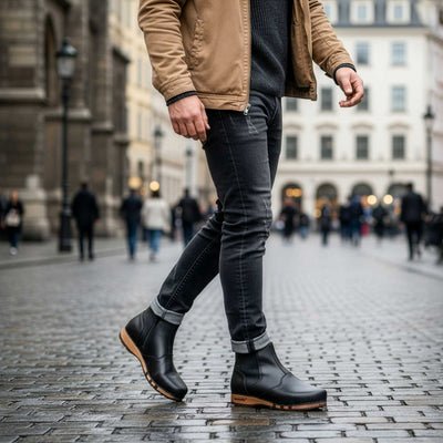 [Schwarz] Louis Herren Clog Stiefel, Herrenclog von woody Schuhe. Clogs mit biegsamer Holzsohle und Holzfußbett. Herrenclogs, Holzclogs kaufen. Clogs online bestellen, Farbe: schwarz