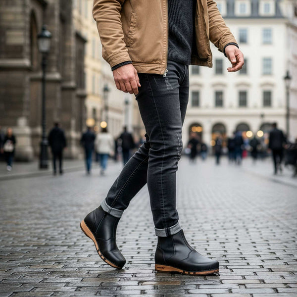 [Schwarz] Louis Herren Clog Stiefel, Herrenclog von woody Schuhe. Clogs mit biegsamer Holzsohle und Holzfußbett. Herrenclogs, Holzclogs kaufen. Clogs online bestellen, Farbe: schwarz