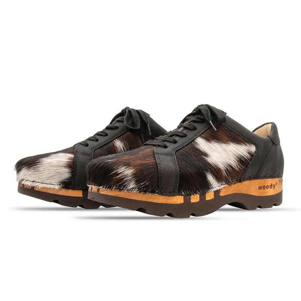 [Fell Natur] Luca Fell Herren Clog Sneaker mit biegsamer nachhaltiger holzsohle und tricolore kuhfell, farbe: fell natur, holzclogs woody, woody schuhe, woody shoes, handgemachte holzschuhe aus österreich, kärnten