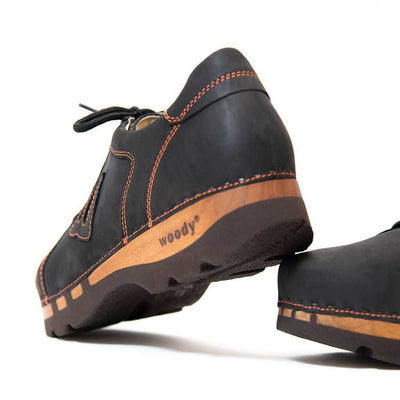 [Nero Bronze] Luca Herren Clog Sneaker mit biegsamer nachhaltiger holzsohle, der bestseller, farbe: nero bronze (schwarz mit bronze nähten), holzclogs woody, woody schuhe, woody shoes, handgemachte holzschuhe aus österreich, kärnten