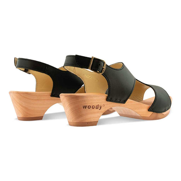 [Schwarz] Lucia mittelhohe Damen Clog Sandalette mit biegsamer nachhaltiger holzsohle, farbe: schwarz, holzclogs woody, woody schuhe, woody shoes, handgemachte holzschuhe aus österreich, kärnten