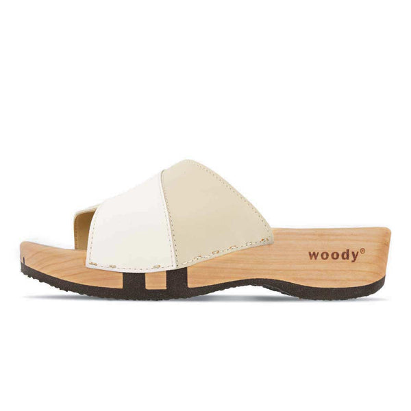[Weiss-Creme] Lucy Damen Clog Pantolette, farbe: weiss-hielo, clogs pantoletten damen mit biegsamer nachhaltiger weidenholzsohle, holzclogs woody, woody schuhe, woody shoes, handgemachte holzschuhe aus österreich, kärnten