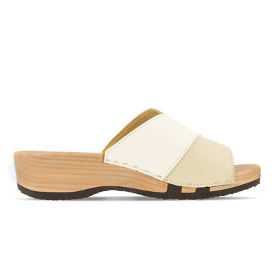 [Weiss-Creme] Lucy Damen Clog Pantolette, farbe: weiss-hielo, clogs pantoletten damen mit biegsamer nachhaltiger weidenholzsohle, holzclogs woody, woody schuhe, woody shoes, handgemachte holzschuhe aus österreich, kärnten