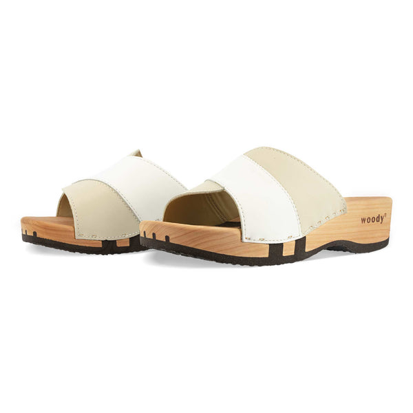 [Weiss-Creme] Lucy Damen Clog Pantolette, farbe: weiss-hielo, clogs pantoletten damen mit biegsamer nachhaltiger weidenholzsohle, holzclogs woody, woody schuhe, woody shoes, handgemachte holzschuhe aus österreich, kärnten