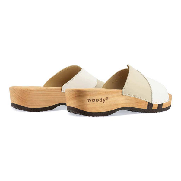 [Weiss-Creme] Lucy Damen Clog Pantolette, farbe: weiss-hielo, clogs pantoletten damen mit biegsamer nachhaltiger weidenholzsohle, holzclogs woody, woody schuhe, woody shoes, handgemachte holzschuhe aus österreich, kärnten