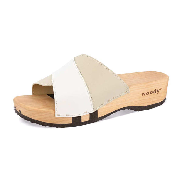[Weiss-Creme] Lucy Damen Clog Pantolette, farbe: weiss-hielo, clogs pantoletten damen mit biegsamer nachhaltiger weidenholzsohle, holzclogs woody, woody schuhe, woody shoes, handgemachte holzschuhe aus österreich, kärnten