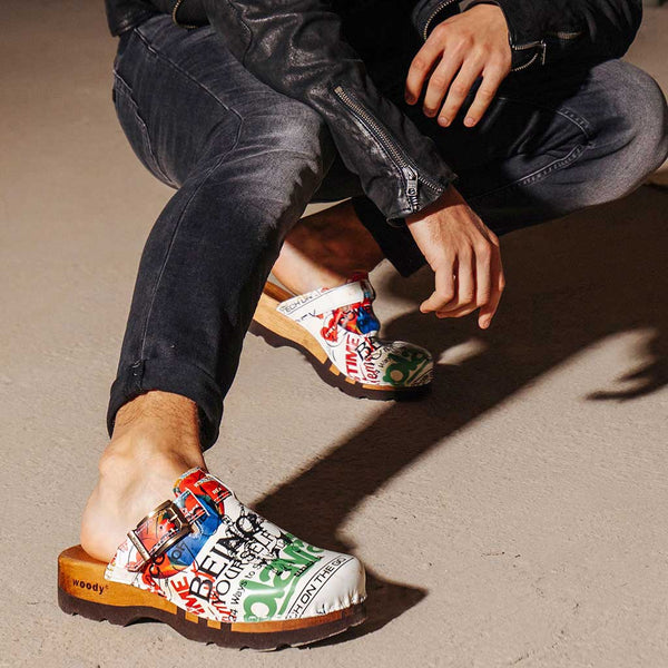 [Showtime] Lukas Clogs Herren mit biegsamer nachhaltiger holzsohle, der bestseller, farbe: showtime (multicolor-westwood), holzclogs woody, woody schuhe, woody shoes, handgemachte holzschuhe aus österreich, kärnten