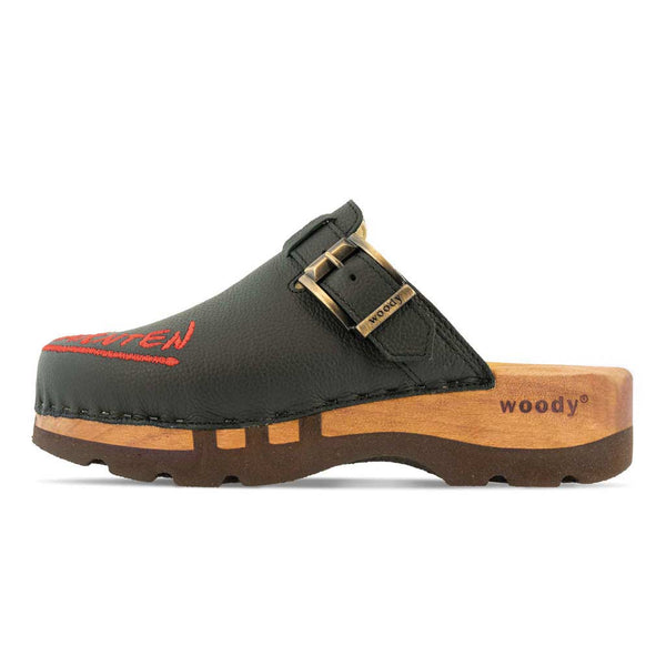 [Schwarz] Lukas Kärnten Herren Clog mit stick und biegsamer nachhaltiger holzsohle, der bestseller, farbe: schwarz, holzclogs woody, woody schuhe, woody shoes, handgemachte holzschuhe aus österreich, kärnten