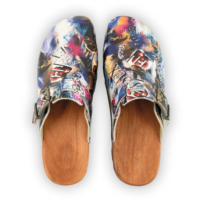 [Sex & Rock'n'Roll] Lukas Clogs Herren mit biegsamer nachhaltiger holzsohle, der bestseller, farbe: sex & rock'n'roll (multicolor), holzclogs woody, woody schuhe, woody shoes, handgemachte holzschuhe aus österreich, kärnten