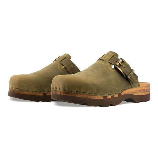 [Olivia] Lukas Clogs Herren mit biegsamer nachhaltiger holzsohle, der bestseller, farbe: olivia (grün), holzclogs woody, woody schuhe, woody shoes, handgemachte holzschuhe aus österreich, kärnten