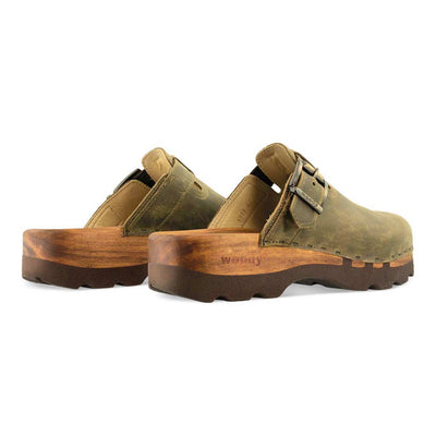 [Olivia] Lukas Clogs Herren mit biegsamer nachhaltiger holzsohle, der bestseller, farbe: olivia (grün), holzclogs woody, woody schuhe, woody shoes, handgemachte holzschuhe aus österreich, kärnten