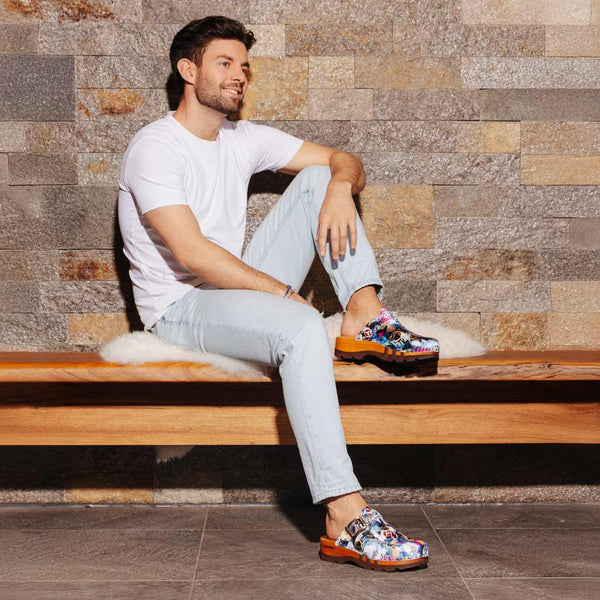 [Sex & Rock'n'Roll] Lukas Clogs Herren mit biegsamer nachhaltiger holzsohle, der bestseller, farbe: sex & rock'n'roll (multicolor), holzclogs woody, woody schuhe, woody shoes, handgemachte holzschuhe aus österreich, kärnten