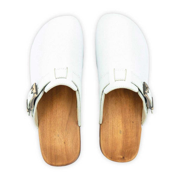 [Weiss] Lukas Clogs Herren mit biegsamer nachhaltiger holzsohle, der bestseller, farbe: weiss, holzclogs woody, woody schuhe, woody shoes, handgemachte holzschuhe aus österreich, kärnten