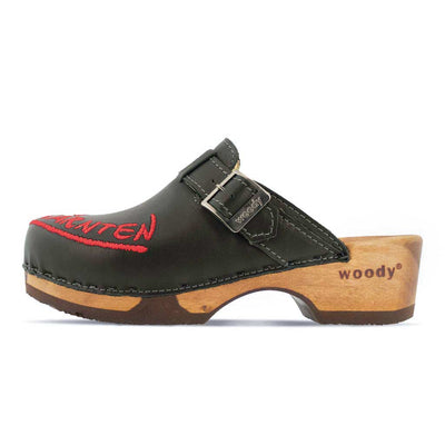 [Schwarz] Manu Kärnten Damen Clog mit stick und biegsamer nachhaltiger holzsohle, der bestseller, farbe: schwarz, holzclogs woody, woody schuhe, woody shoes, handgemachte holzschuhe aus österreich, kärnten
