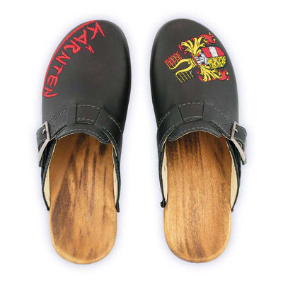 [Schwarz] Manu Kärnten Damen Clog mit stick und biegsamer nachhaltiger holzsohle, der bestseller, farbe: schwarz, holzclogs woody, woody schuhe, woody shoes, handgemachte holzschuhe aus österreich, kärnten