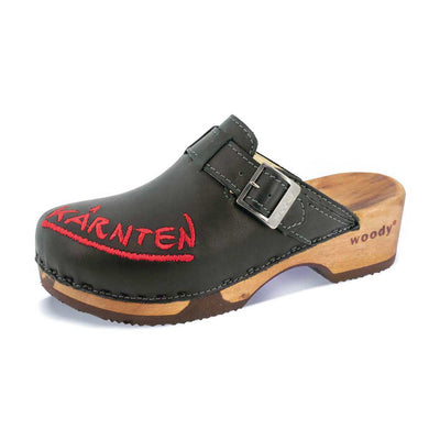 [Schwarz] Manu Kärnten Damen Clog mit stick und biegsamer nachhaltiger holzsohle, der bestseller, farbe: schwarz, holzclogs woody, woody schuhe, woody shoes, handgemachte holzschuhe aus österreich, kärnten