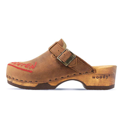 [Tabacco] Manu Kärnten Damen Clog mit stick und biegsamer nachhaltiger holzsohle, der bestseller, farbe: tabacco-braun, holzclogs woody, woody schuhe, woody shoes, handgemachte holzschuhe aus österreich, kärnten