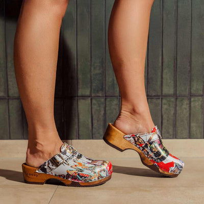 [Kaiser Franz Joseph] Manu Damen Clog mit biegsamer nachhaltiger holzsohle, der bestseller, farbe: kaiser franz joseph (multicolor), holzclogs woody, woody schuhe, woody shoes, handgemachte holzschuhe aus österreich, kärnten