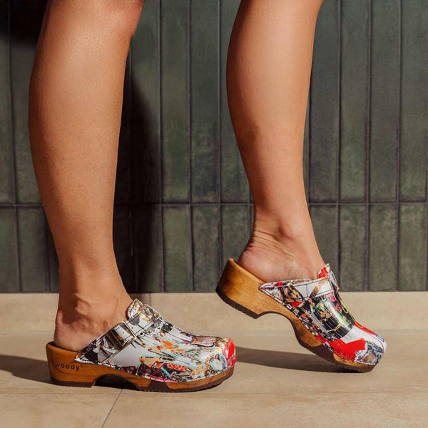 [Kaiser Franz Joseph] Manu Damen Clog mit biegsamer nachhaltiger holzsohle, der bestseller, farbe: kaiser franz joseph (multicolor), holzclogs woody, woody schuhe, woody shoes, handgemachte holzschuhe aus österreich, kärnten