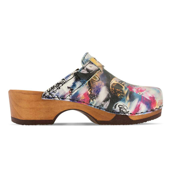 [Sex & Rock'n'Roll] Manu Damen Clog mit biegsamer nachhaltiger holzsohle, der bestseller, farbe: sex & rock'n'roll (multicolor), holzclogs woody, woody schuhe, woody shoes, handgemachte holzschuhe aus österreich, kärnten