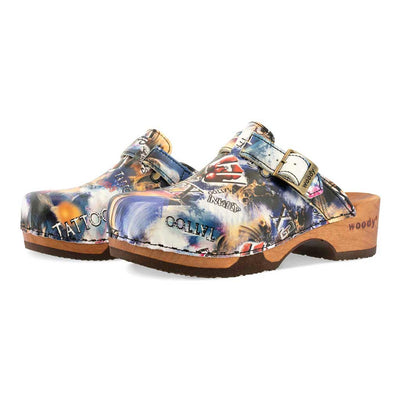 [Sex & Rock'n'Roll] Manu Damen Clog mit biegsamer nachhaltiger holzsohle, der bestseller, farbe: sex & rock'n'roll (multicolor), holzclogs woody, woody schuhe, woody shoes, handgemachte holzschuhe aus österreich, kärnten