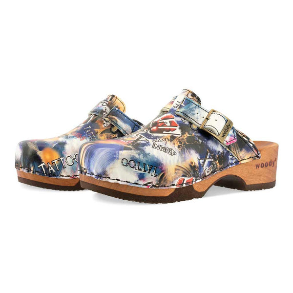 [Sex & Rock'n'Roll] Manu Damen Clog mit biegsamer nachhaltiger holzsohle, der bestseller, farbe: sex & rock'n'roll (multicolor), holzclogs woody, woody schuhe, woody shoes, handgemachte holzschuhe aus österreich, kärnten