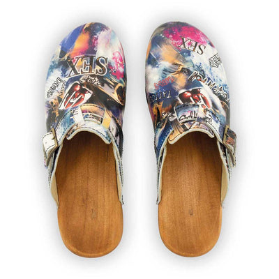 [Sex & Rock'n'Roll] Manu Damen Clog mit biegsamer nachhaltiger holzsohle, der bestseller, farbe: sex & rock'n'roll (multicolor), holzclogs woody, woody schuhe, woody shoes, handgemachte holzschuhe aus österreich, kärnten