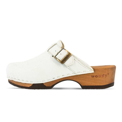 [Weiss] Manu Damen Clog mit biegsamer nachhaltiger holzsohle, der bestseller, farbe: weiss, holzclogs woody, woody schuhe, woody shoes, handgemachte holzschuhe aus österreich, kärnten